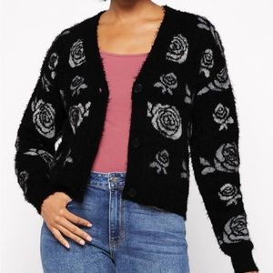 NWT Love Ellie Black Sweater Cardigan with White Roses